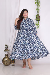 Plus Size Navy Blue  Floral Print Flared Long Kurta-400002
